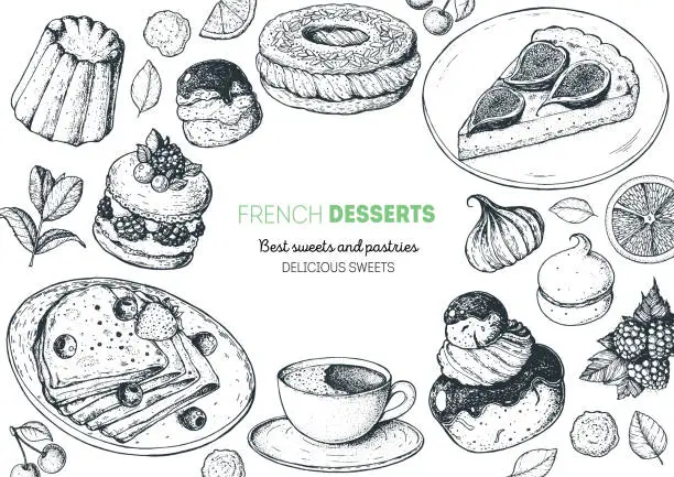 Vector illustration of A set of french desserts with canele, Ispahan, crepes, chocolate religieuse, paris brest, fig tart. French cuisine top view frame. Food menu design template. Hand drawn sketch vector illustration.