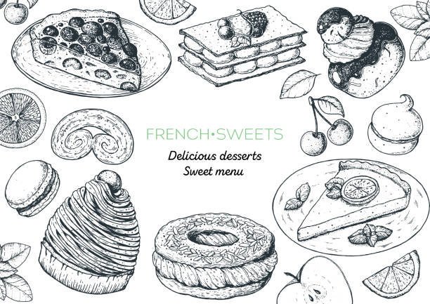 illustrations, cliparts, dessins animés et icônes de un ensemble de desserts français avec clafoutis, mont blanc, paris brest, tarte au citron, mille-feuille, macaron. français cadre de vue de dessus de cuisine. modèle de conception de menu alimentaire. illustration vectorielle dessinée à la main. - tart dessert chocolate fruit