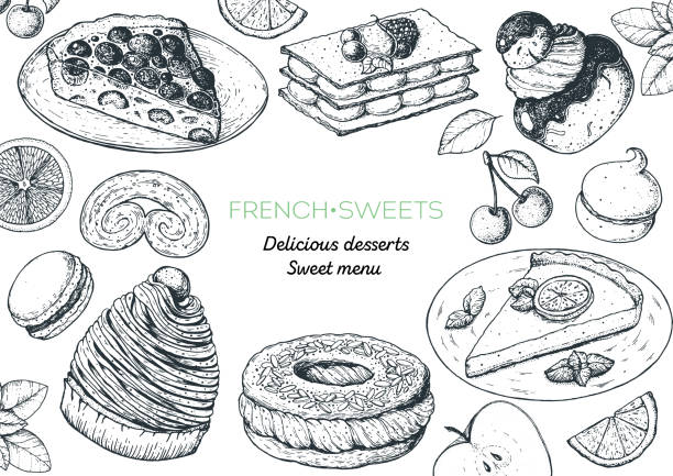 A set of french desserts with clafoutis, mont blanc, paris brest, lemon tart, mille-feuille, macaron . French cuisine top view frame. Food menu design template. Hand drawn sketch vector illustration. A set of french desserts with clafoutis, mont blanc, paris brest, lemon tart, mille-feuille, macaron . French cuisine top view frame. Food menu design template. Hand drawn sketch vector illustration. tart dessert stock illustrations