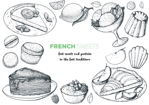 набор французских десертов с лимонным пирогом, искусственным креповым тортом, крем-брюле, яблочным пирогом, канелем, макаронами. французск� - custard stock illustrations