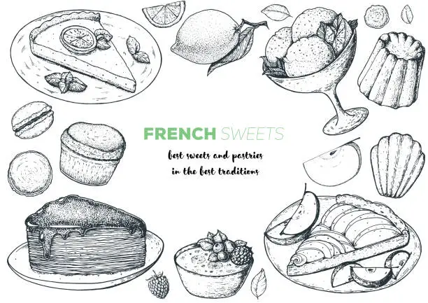 Vector illustration of A set of french desserts with lemon tart, faux crepe cake, creme brulee, apple tart, canele, macarons. French cuisine top view frame. Food menu design template. Hand drawn sketch vector illustration.