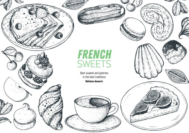 illustrations, cliparts, dessins animés et icônes de un ensemble de desserts français avec crêpes, croissant, éclair, tarte aux figues, ispahan, macaron, madeleines. français cadre de vue de dessus de cuisine. modèle de conception de menu alimentaire. illustration vectorielle dessinée à la main. - macaroon french culture dessert food