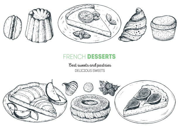 illustrations, cliparts, dessins animés et icônes de français desserts avec macaron, canele, tarte au citron, croissant, tarte aux pommes, brest de paris, gâteau aux figues. français cadre de vue sur le dessus de la cuisine. modèle de conception de menu alimentaire. illustration vectorielle d’esquisse  - cake pie apple pie apple