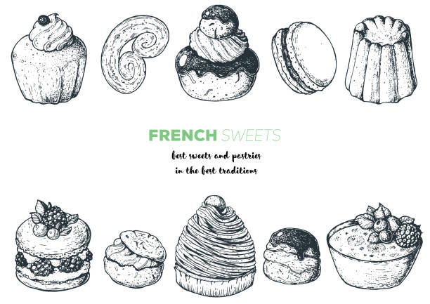 ilustrações, clipart, desenhos animados e ícones de sobremesas francesas com rum baba, palmier, chocolate religieuse, macaron, canele, mont blanc, profiterole crème brulee culinária francesa. modelo de design do menu de alimentos. ilustração vetorial de esboço desenhado à mão - macaroon french culture dessert food