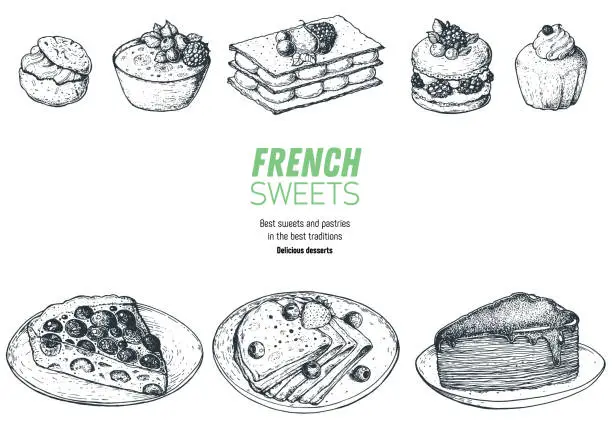 Vector illustration of French desserts set with creme brulee, Mille-feuille, ispahan, chouquettes, cherry pie, crepes, cake. French cuisine top view frame. Food menu design template. Hand drawn sketch vector illustration.