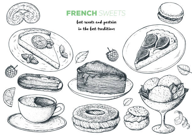 ilustrações, clipart, desenhos animados e ícones de sobremesas francesas definidas com torta de limão, éclair, paris brest, bolo de crepe falso, torta de figo, macaron, palmier. quadro de vista superior da cozinha francesa. modelo de design do menu de alimentos. ilustração vetorial de esboço desenhado  - macaroon french culture dessert food