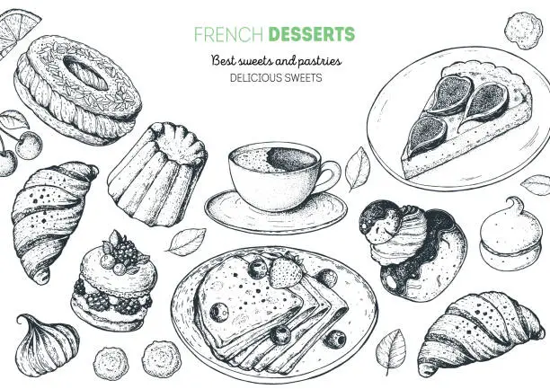 Vector illustration of A set of french desserts with canele, Ispahan, crepes, chocolate religieuse, paris brest, fig tart. French cuisine top view frame. Food menu design template. Hand drawn sketch vector illustration