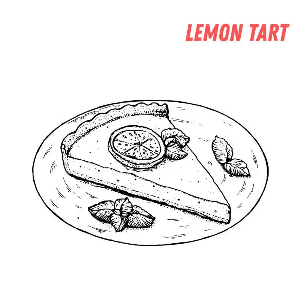 Vector illustration of French dessert lemon tart sketch. French pastries . Food menu design template. Hand drawn sketch vector illustration.