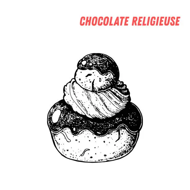 Vector illustration of French dessert chocolate religieuse sketch. French pastries . Food menu design template. Hand drawn sketch vector illustration.