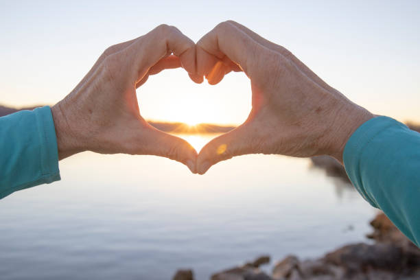 View of woman's hands making heart shape