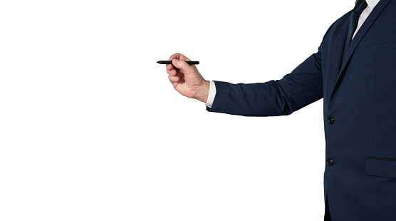 Man in jacket performing the gesture of writing with a pen. Copy-space for messages, graphics or drawings. White background