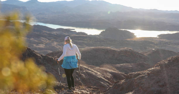 istock Woman hikes through sunny desert landscape 1366125337