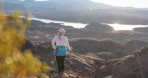 istock Woman hikes through sunny desert landscape 1366125340