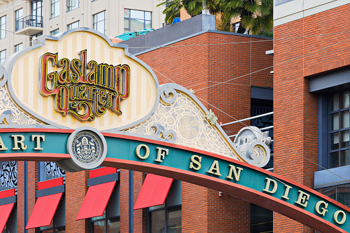 San Diego, USA - May 13, 2021: Entryway arch to the Gaslamp Quarter (San Diego, California).