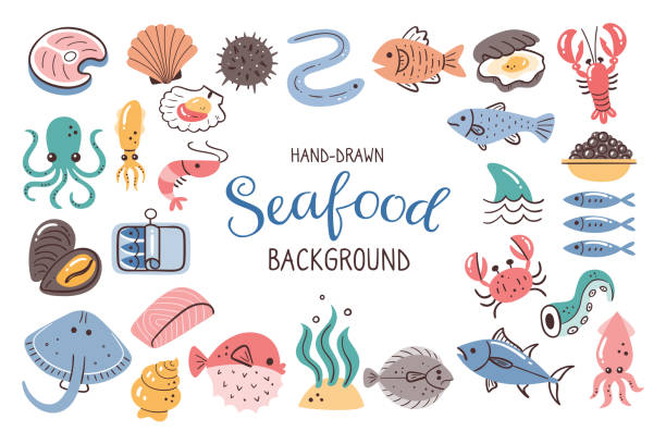 Colorful Seafood Background Seafood background. Fish, seaweed and shellfish. Food ingredients for cooking illustration. Isolated colorful hand-drawn icons on white background. Vector illustration. crab seafood stock illustrations