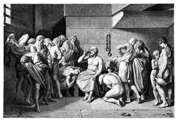 Death of Socrates drinking poison between his pupils vector art illustration