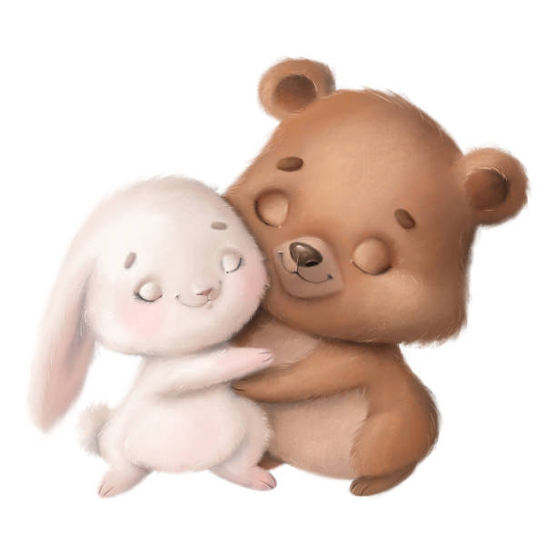 ilustrações de stock, clip art, desenhos animados e ícones de illustration of cute cartoon animals hugs. bunny and bear. valentine's day animals. animals in love. - fluffy bear cute friendship