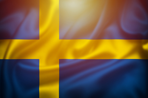 Sweden flag silk surface illustration with sun haze view, Swedish symbol