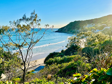 Horizontal high angle view of breaking waves, surfers, sand beach, swimmers, holiday houses and coastal forest at popular travel destination, Wategos Beach at Byron Bay, north coast NSW.