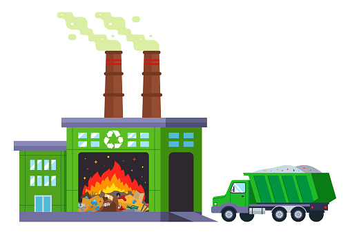 waste incineration plant. truck delivers unsorted garbage for recycling. flat vector illustration.