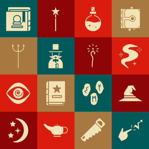 Set Spell, Witch hat, Magic fog or smoke, Bottle with love potion, Magician, Neptune Trident, Ancient magic book and staff icon. Vector Set Spell Witch hat Magic fog or smoke Bottle with love potion Magician Neptune Trident Ancient magic book and staff icon. Vector. greek god poseidon backgrounds stock illustrations