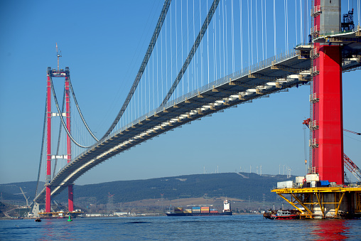 1915 Çanakkale bridge construction is about to end. Its length is 4608m. The tower height is 318m. The distance between the feet is 2023m. It will take 5 minutes to cross the Dardanelles from Asia to Europe. It takes 30 minutes by ferry. The red and white colors of the bridge represent the Turkish flag. Due to the strong winds of the Dardanelles, a 9m gap was left in the middle of the bridge.