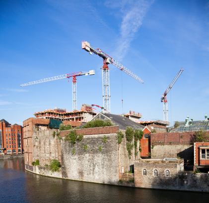 Group of cranes during working time. location Bristol, UK.