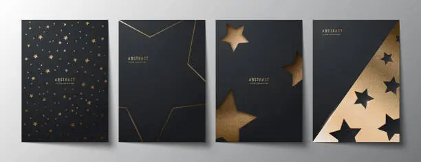 Vector illustration of Black elegant celestial backgrounds set with stars, golden glitter and sparkles. Premium geometric design templates of invitation, brochure, notebook or card. Collection of A4 layered covers