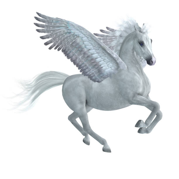 Pegasus Taking Off A beautiful white Pegasus stallion, a legendary mythical horse with wings, takes off for the sky. pegasus stock pictures, royalty-free photos & images