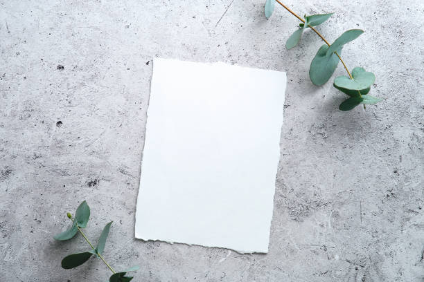 istock Blank paper card wedding invitation mockup with eucalyptus branches on concrete table. 1366137767