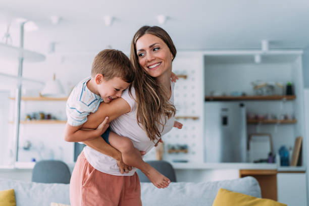 Mother and son at home.