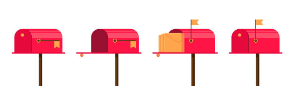 Red mailbox set. Closed and open, raised flag and letter inside. Empty post box and with envelope. Letterboxes illustration. Vector postboxes Red mailbox set. Closed and open, raised flag and letter inside. Empty post box and with envelope. Letterboxes illustration. Vector eps postboxes mail box stock illustrations