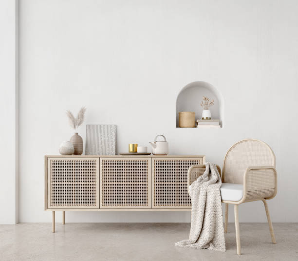 istock Boho style living room with wicker chair and drawer on white wall background.3d rendering 1366140074