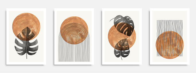 Abstract geometric, natural shapes poster set in mid century style. Modern illustration: tropical palm leaf, geo elements for minimalist print, poster, boho wall decor, flat design Vector minimal art