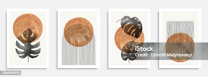 istock Abstract geometric, natural shapes poster set in mid century style. Modern illustration: tropical palm leaf, geo elements for minimalist print, poster, boho wall decor, flat design Vector minimal art 1366140176