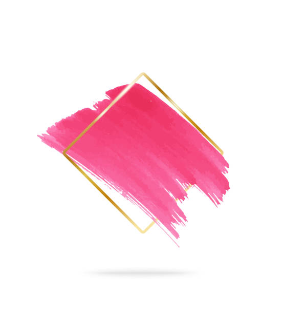 illustrazioni stock, clip art, cartoni animati e icone di tendenza di pennellate ad acquerello rosa e cornice a rombi contorno oro. sfondo astratto. - campione di colore