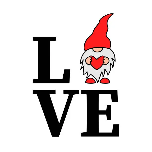 Vector illustration of Word love with cute cartoon gnome holding heart. Vector template for Valentines card, flyer, banner, sticker, t-shirt, etc
