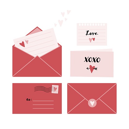 Set of romantic envelopes and notes for Valetine's Day.