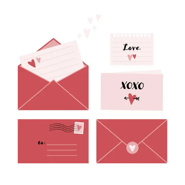 Vector illustration of Set of romantic envelopes and notes for Valetine's Day.