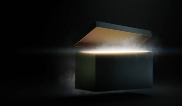 misteriosa caja de pandora que se abre con rayos de luz, imagen de alto contraste. renderizado 3d, ilustración - mystery fotografías e imágenes de stock