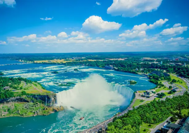 Niagara Falls is a city on the Niagara River, in New York State. It’s known for the vast Niagara Falls, which straddle the Canadian border. In Niagara Falls State Park, the Observation Tower, at Prospect Point, juts out over Niagara Gorge for a view of all 3 waterfalls