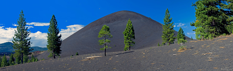 Cinder Cone, Tephra Volcanic Cone, Lassen National Park, California; Cascade Mountain Range. Made up of loose scoria and is the youngest mafic volcano in Lassen.