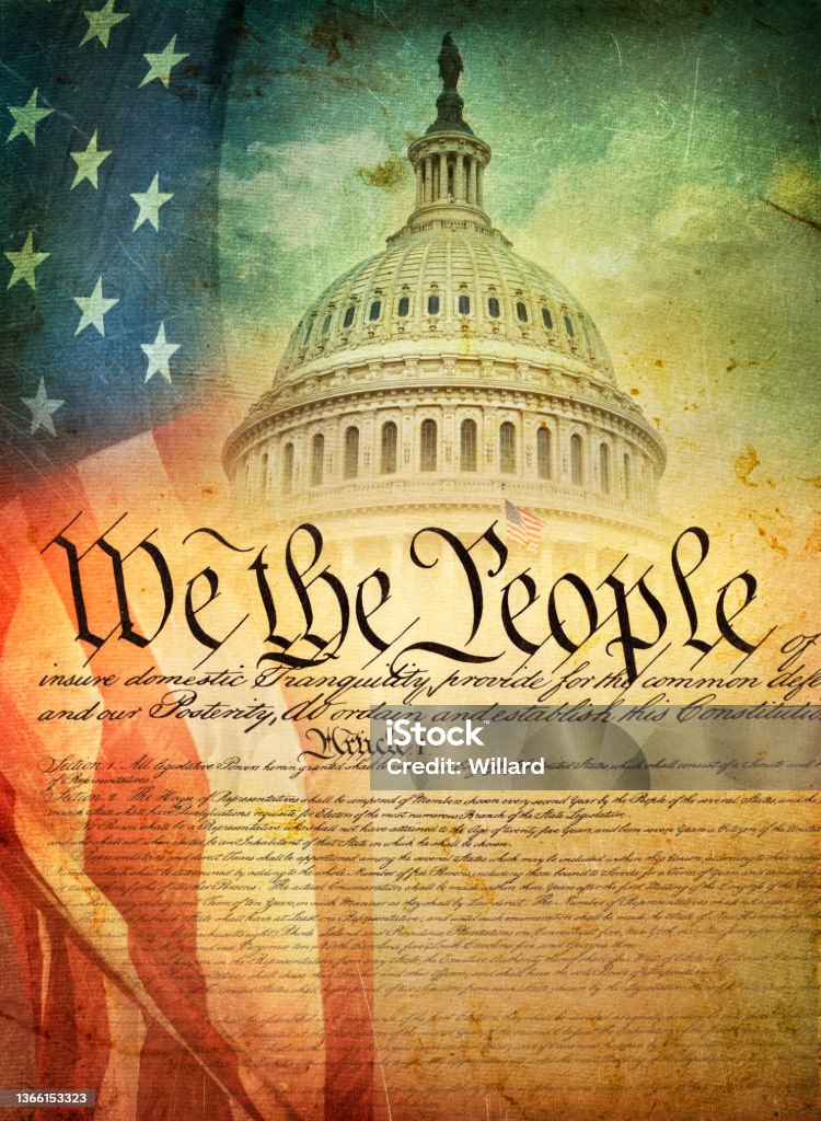 Textured composite of US Constitution and capitol dome with American flag Constitution Stock Photo