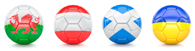 Leather Soccer Ball Collection with Wales, Austria, Scotland and Ukraine Flags isolated on white background. 3D Illustration