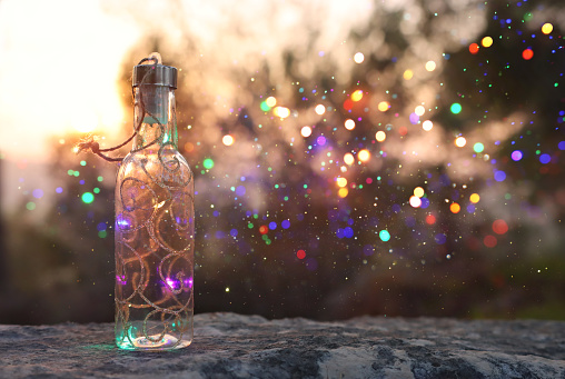 imagen de botella mística con luces de purpurina en el bosque al atardecer photo