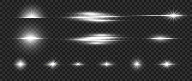 ilustrações, clipart, desenhos animados e ícones de efeitos de luz de sinalização. brilhante conjunto de estrelas. efeito de luz de flare da lente óptica vetorial - headlight