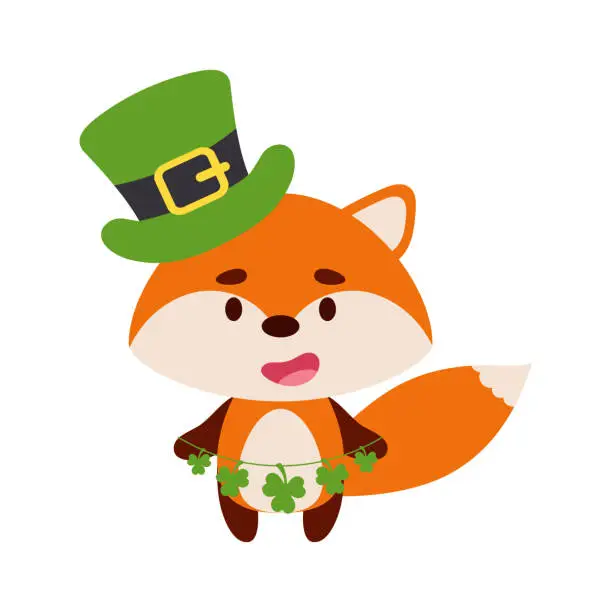 Vector illustration of Cute fox in St. Patrick's Day leprechaun hat holds shamrocks. Irish holiday folklore theme. Cartoon design for cards, decor, shirt, invitation. Vector stock illustration.
