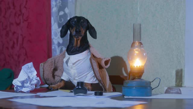 Dachshund in white shirt and warm jacket draped over its shoulders barks. Dog is trying to write book or letter sitting at desk littered with sheets of paper and inkwell with pen. Earl calls servant