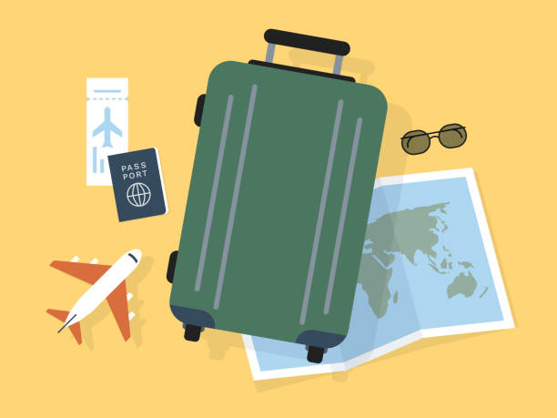 illustrazioni stock, clip art, cartoni animati e icone di tendenza di illustrazione di viaggio mondiale con i bagagli - valigia a rotelle