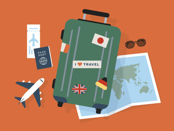 World travel illustration with luggage World travel illustration with luggage travel sticker stock illustrations